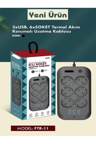 Ftr11 3xusb 6xsoket Termal Akım Korumalı 2 Metre Uzatma Kablolu A