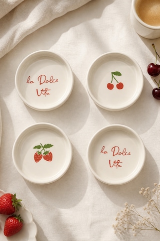 Vita Red 4 Parça 13 Cm Seramik Kase Seti Çerezlik Sunumluk Kahvaltılık Beyaz