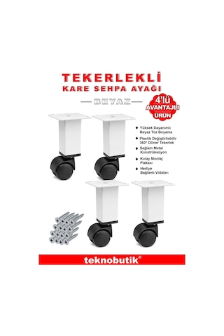 4 Adet Beyaz Kare Plastik Tekerlekli Mobilya Sehpa Ayağı