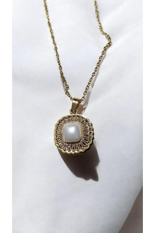 Altın Renk Işıltılı İnci Taş Detaylı Kolye Zarif Kadın Takı Mod