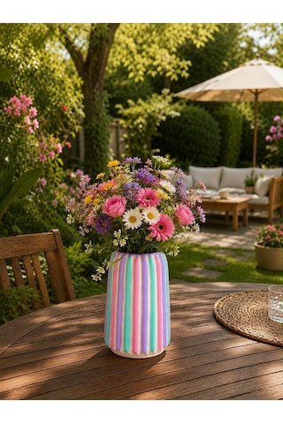 El Yapımı Beton Vazo, Pastel Çizgili, Maksimalist Modern Bohem Stil, 17 Cm Yükseklik, 10 Cm Genişlik, Pembe Mavi Mo Çok Renkli