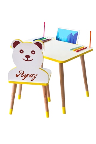 Çocuk Ders Çalışma Masa Sandalye Takımı 2-6 Yaş Sarı Ayıcıklı