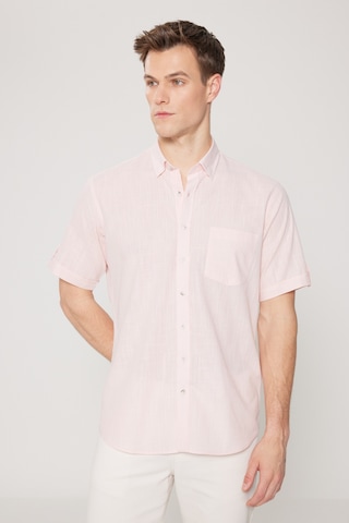 AC&Co / Altınyıldız Classics Erkek Pembe Comfort Fit Düğmeli Yaka %100 Pamuk Flamlı Kısa Kollu Casual Gömlek 4A2022200132PMBS Pembe