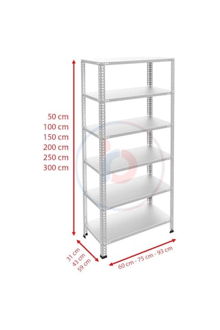 Rafburada 6 Katlı Galvaniz Çelik Raf - Depo, Arşiv, Kiler, Dosya, Market Rafı-31x60 cm-150 cm-0.70 mm