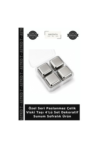 Özel Seri Paslanmaz Çelik Viski Taşı 4'lü Set Dekoratif Sunum Sofralık Ürün