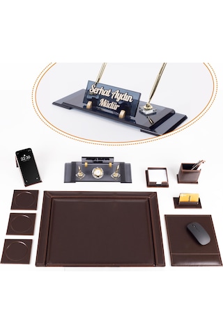 10 Parça Eskitme Desenli Kahverengi Deri Sümen Takımı Ve Kristal Masa İsimliği Ofis Masa Sümen Seti