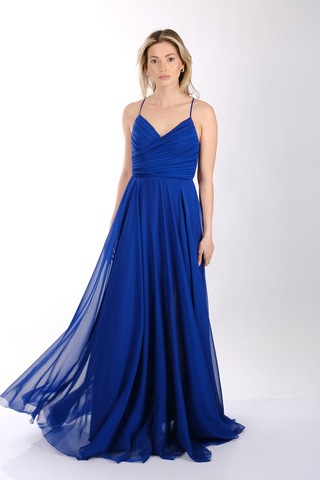 Dori İnce Askılı Önden Yırtmaçlı Drape Kiloş Abiye Elbise 00kb6128 Saks