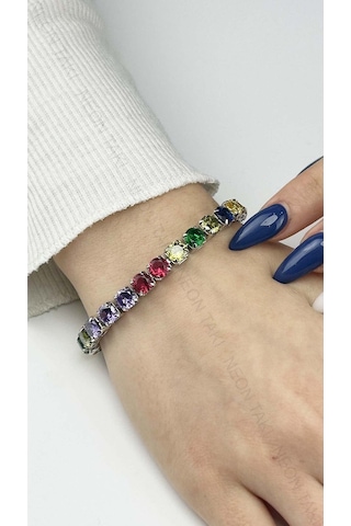 Bileklik 40, Su Yolu, Çok Renkli Zirkon Taşlı, Zincir Bileklik, Gümüş Renk Gümüş