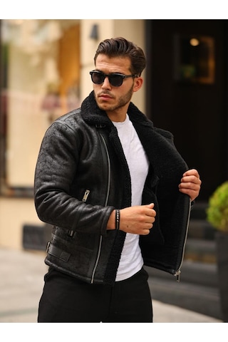 Mero Life Napa Deri İçi Full Kürklü Yüksek Kalite Slim Fit Erkek Mont - Siyah