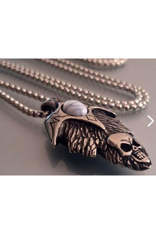 Paslanmaz Çelik Turkuaz Taş Detaylı Haç Kurukafa Kolye