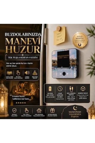 Dijital Kur An-ı Kerim Okuyucu Magnet Manyetik, Şarjlı, 4 Saat Kesintisiz Buzdolabı İçin Manevi Ses Cihazı Siyah