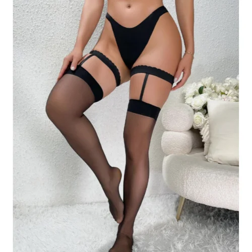 Bacio İç Giyim Kadın Siyah Dantel Bacak Bantlı String Jartiyer Çorap Takımı Siyah