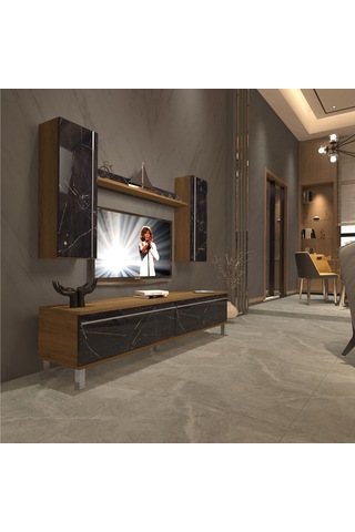 Decoraktiv Eko 5d Mdf Std Krom Ayaklı Tv Ünitesi Tv Sehpası Pera - Siyah Mermer