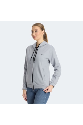 Slazenger KINET Kadın Fermuarlı Kapüşonlu Cepli Gri Sweatshirt