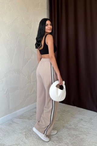 Defymoda Bej Yanları Şeritli Pantolon Bej