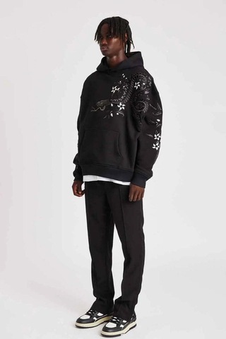 American Rag Cie Organik Pamuklu Oversized Night Python Nakışlı Hoodie - Şık Ve Rahat Moda Siyah