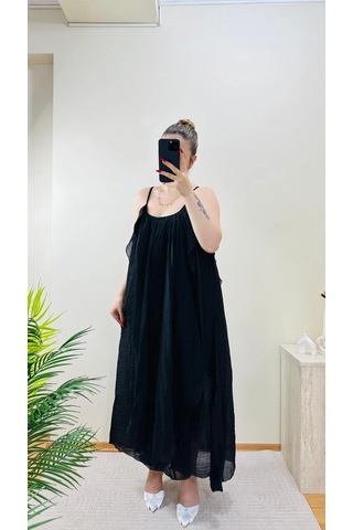 Elora Atelier Büzgülü Askılı Siyah Maxi Boy Elbise Çok Renkli