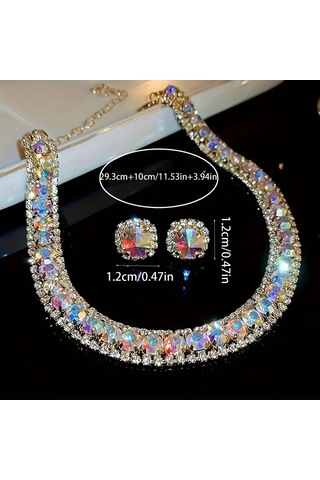 Kristal Kolye & S925 Gümüş Çivili Küpe Çok Renkli