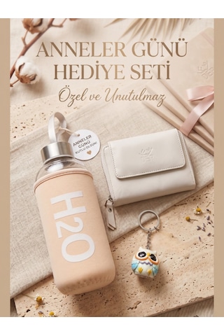 Deerderi Hakiki Deri Cüzdan Anahtarlık Ve Kare Kılıflı Matara Seti Bej