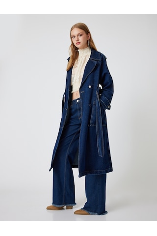 Koton Denim Trençkot Uzun Kruvaze Yaka Apoletli Kemer Detaylı Cepli Koyu İndigo 5wal50019md Koyu İndigo