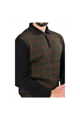 Kamalı Erkek Çelik Örgü Kazayağı Gömlek Yaka Fermuarlı Polo Yaka Tüylenmeyen Triko Kışlık Baba Kazak Siyah