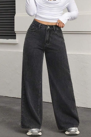 Koyu Füme Palazzo Pantolon Wide Leg Yüksek Bel Denim Jeans Gri