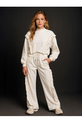 Kız Çocuk Fırfırlı Tasarım Eşofman Takımı-16228 Ekru