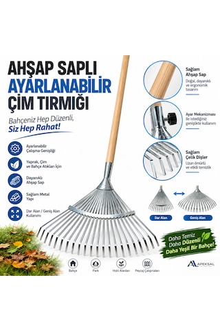 150 Cm Ahşap Saplı Ayarlanabilir Metal Yaprak Çim Tırmığı 22 Diş Bahçe Tırmığı