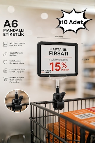 10 Adet - A6 Fiyatlık Mandallı Etiketlik Sepet Raf Askılık Fiyat Etiketi Çerçeveli Market Mağaza Siyah