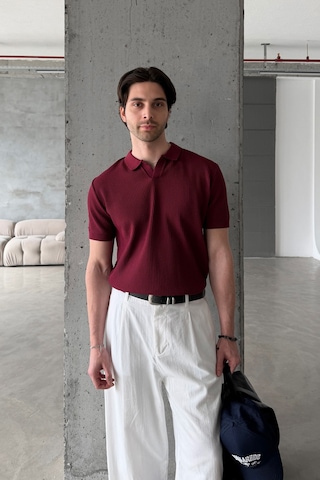 Erkek Petek Desen Polo Yaka Triko T-shirt Bordo