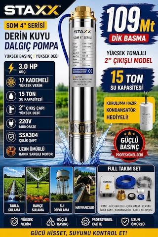 Staxx 4sdm8/17 3hp Derin Kuyu Dalgıç Pompa Seti 109 Metre Dik Basma 15 Ton Su Kapasiteli 2'' 220v