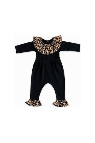 Kız Çocuk Leopar Yakalı Çıtçıt Detaylı Tulum Salopet Tlm-0051 Siyah