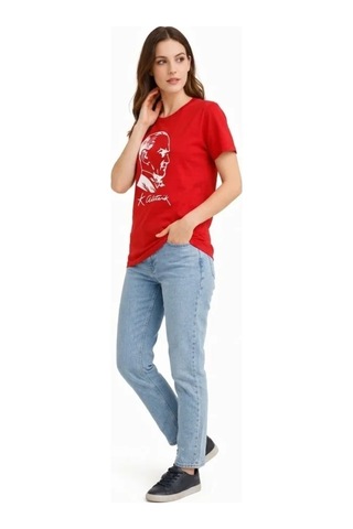 Hazego Atatürk Baskılı Tişört Kısa Kollu Bisiklet Yaka T-shirt - Kırmızı