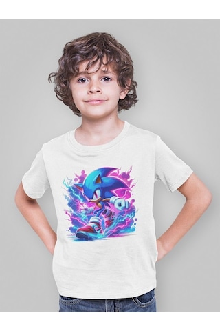 Sevbano Tasarım Süper Sonic Baskılı Unisex Çizgi Film Çocuk Tişört 1-12 Beyaz