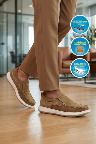Voyager Erkek Kum Nubuk Hakiki Deri Kolay Giyilebilir Hafızalı Rahat Taban Casual Ayakkabı Loafer 6501 M Bej