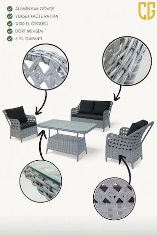 İcon Raddan 2+1+1 Çay Seti Balkon Teras Bahçe Mobilyası El Örgüsü Raddan 4 Kişilik Oturma Grubu Açık Gri