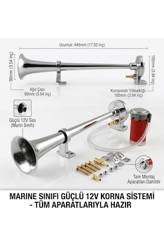 Marin Korna, Kamyonet Tır Tekne İçin, Krom Kaplama, Hava Kompresörü İle, Montaj Aparatları Dahil