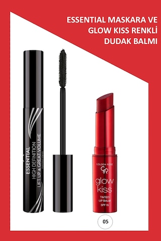 Essential Hacim Veren Maskara & Glow Kiss Renkli Dudak Nemlendirici No:05 Makyaj Seti