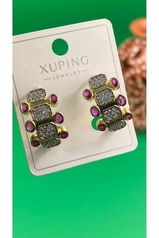 Xuping Altın Renginde Halka Model Mor Taşlı Çelik Küpe Altın