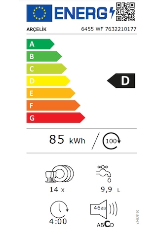 Arçelik 6455 WF 5 Programlı 14 Kişilik Bulaşık Makinesi