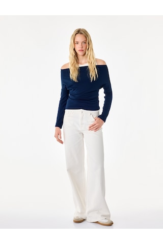 Koton Slim Fit Asimetrik Yaka Katmanlı Uzun Kollu Tişört Lacivert 7wal10328ık