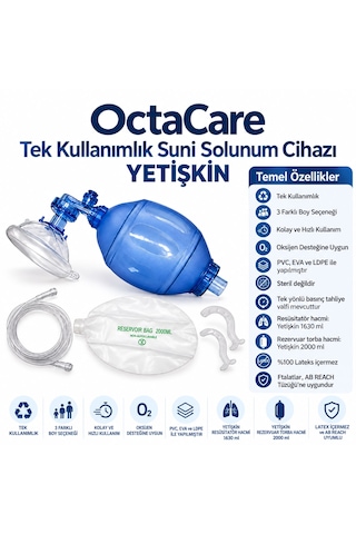 Octacare Yetişkin Tek Kullanımlık Ambu Resüsitatör Suni Solunum Cihazı Manuel Ventilasyon Seti 1 Adet