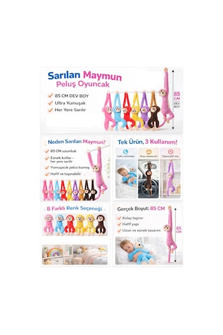 Sarılan Maymun Peluş Oyuncak 85 Cm Birbirine Yapışan Eller, Renkli Sevimli Askılı Oyuncak Siyah
