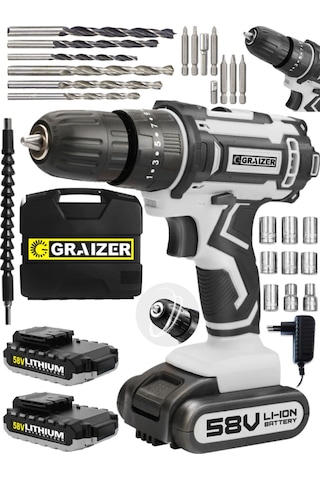 Graizer Hybrid 58V 5Ah Çift Akülü Darbeli Vidalama Matkap Gri + 27 Parça Set