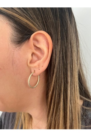 Altın Nesil - 14 Ayar Altın Kumlu Yuvarlak İnce Küpe Altın - Beyaz Altın