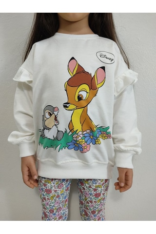 Lolliboomkids Yeni Sezon Sevimli Geyik Tavşan Desenli Çiçekli Fitilli Tayt Ve Sweatshirt Alt Üst Takım Ekru