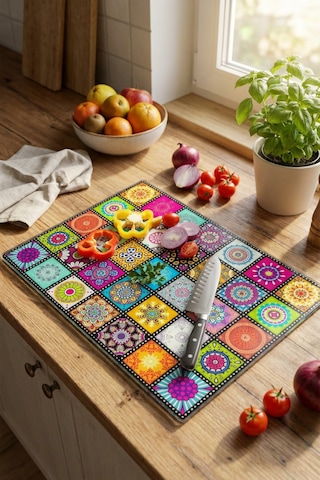 Makri Home Dekoratif Desenli Cam Kesme Tahtası 25 Cm 35 Cm Çok Renkli