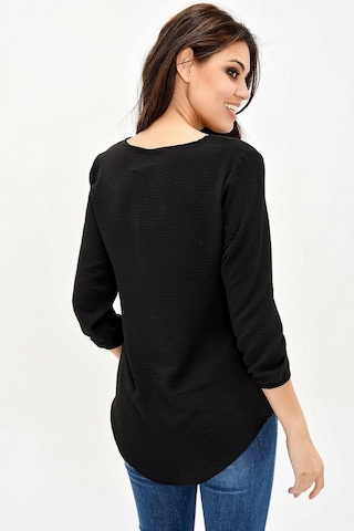 Kadın Siyah Yakası Yırtmaçlı Airobin Bluz Truvakar Kol Kaliteli Dokulu Kumaş Standart Boy Siyah