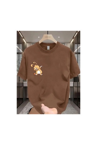 Medinenur Sevimli Tavşan Baskılı Basic T-shirt Kahverengi