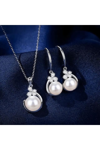 Çiçek İnci Takı Seti Gümüş, Yeni Yıl Hediye, Ahşap Kutu İçerisinde Gümüş